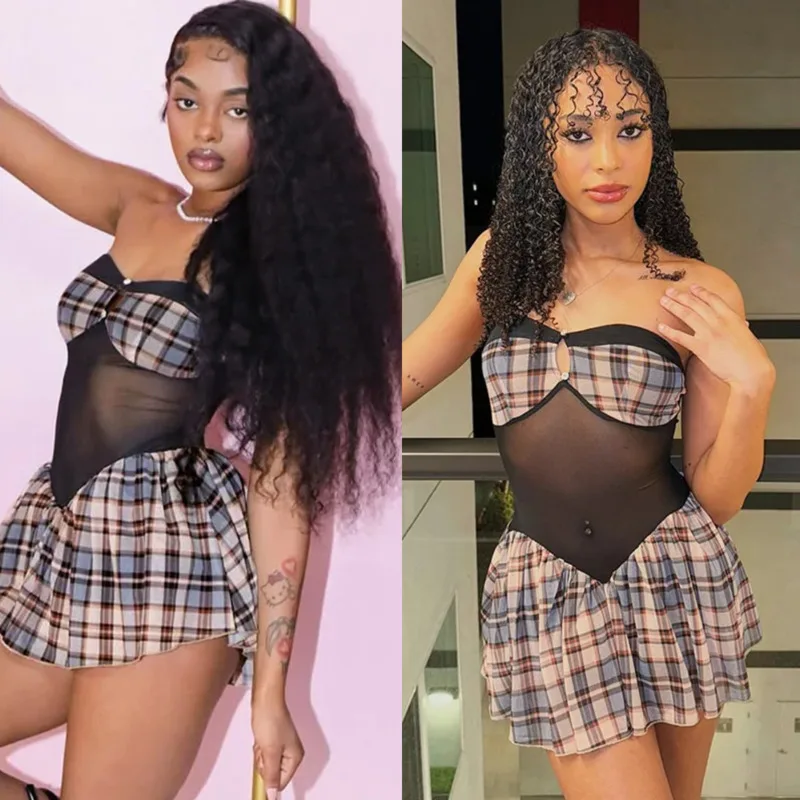 

Vintage Plaid Off Shoulder Mesh Patchwork Dress Women Backless Pleated Mini Skirt High Waist Slim Fit A-line Summer Y2K Outfit