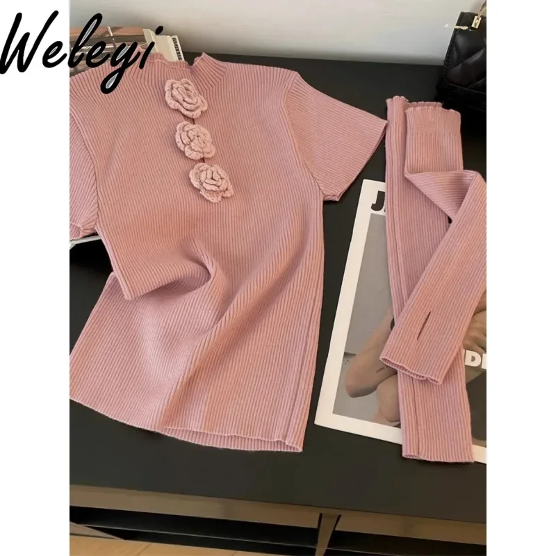 

Kawaii Girls Pink Detachable Sleeve Knitted Jumper Top Women's Early Spring New Hot Girl Flowers Slim-fit Bottoming Knit Shirt