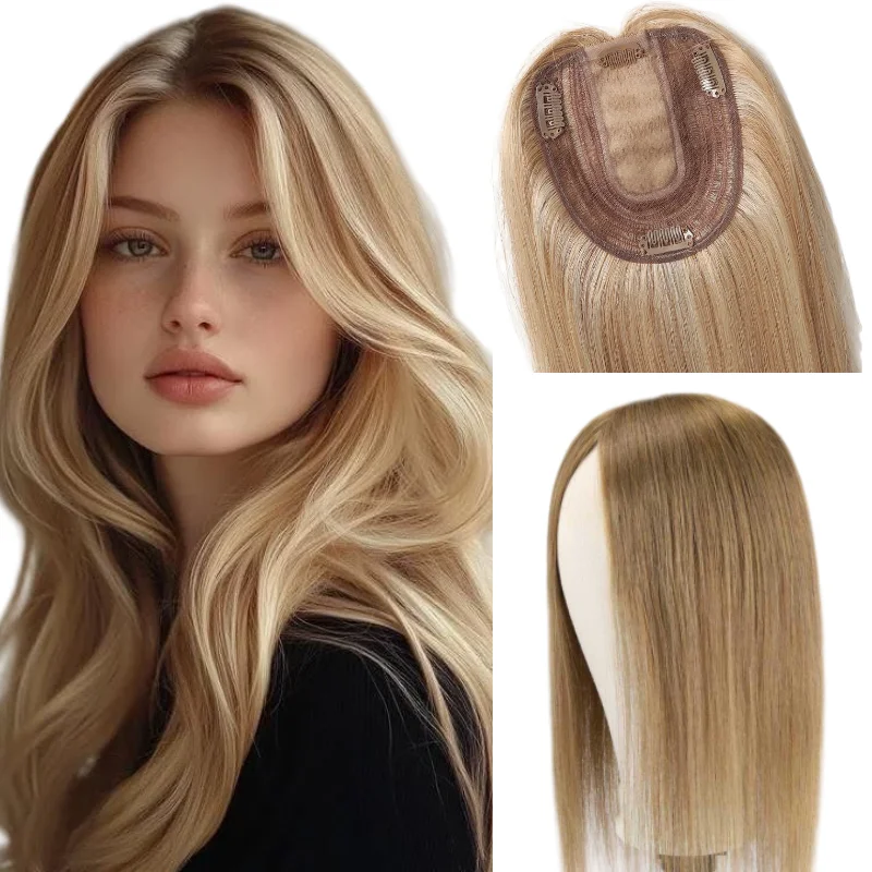 Women Hairpiece 100% Human Hair Silk Lace Base Clip In 12x13cm 25cm Middle Part Machine Made Remy Hair #P27-613 #4 Special