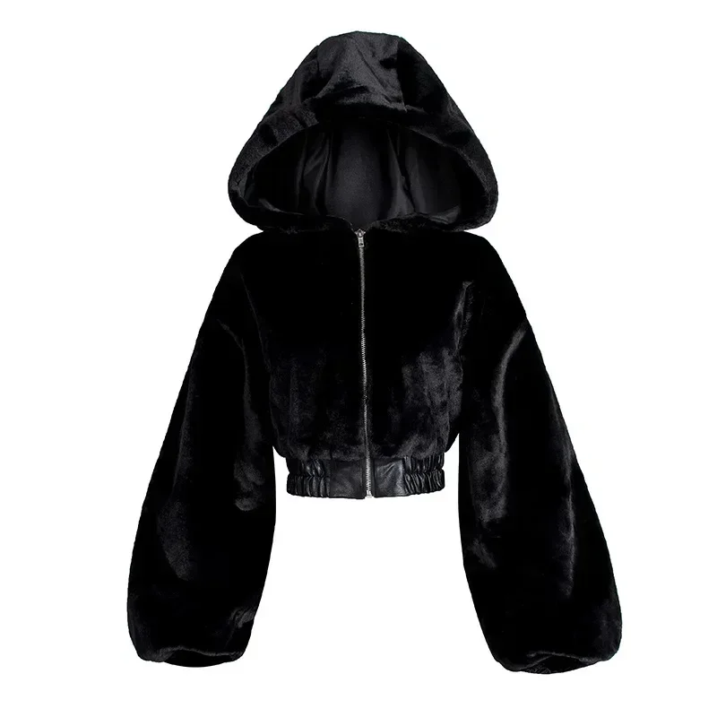 Abrigo Bomber de piel de conejo sintética con cremallera, chaqueta de felpa con capucha peluda de cintura alta, Parkas de forro polar, ropa de calle