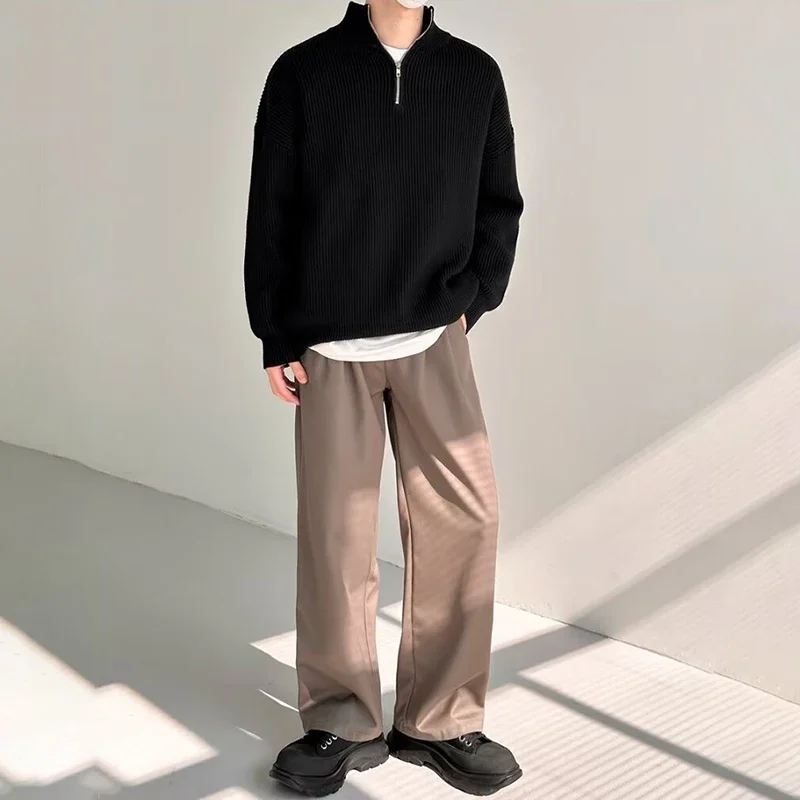 하프 지퍼 하이 칼라 남성 니트웨어 스웨터 가을 솔리드 컬러 니트 풀오버 일본 하라주쿠 스웨터 스트리트웨어 풀오버