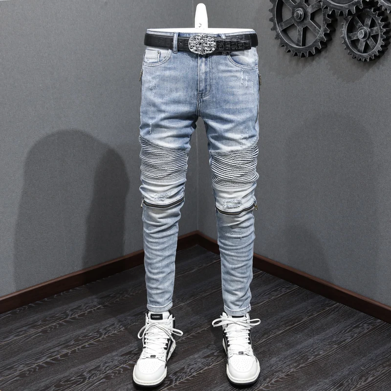 

Street Fashion Men Jeans Retro Light Blue Elastic Slim Fit Spliced Biker Jeans Homme Zipper Patched Designer Hip Hop Pants Men