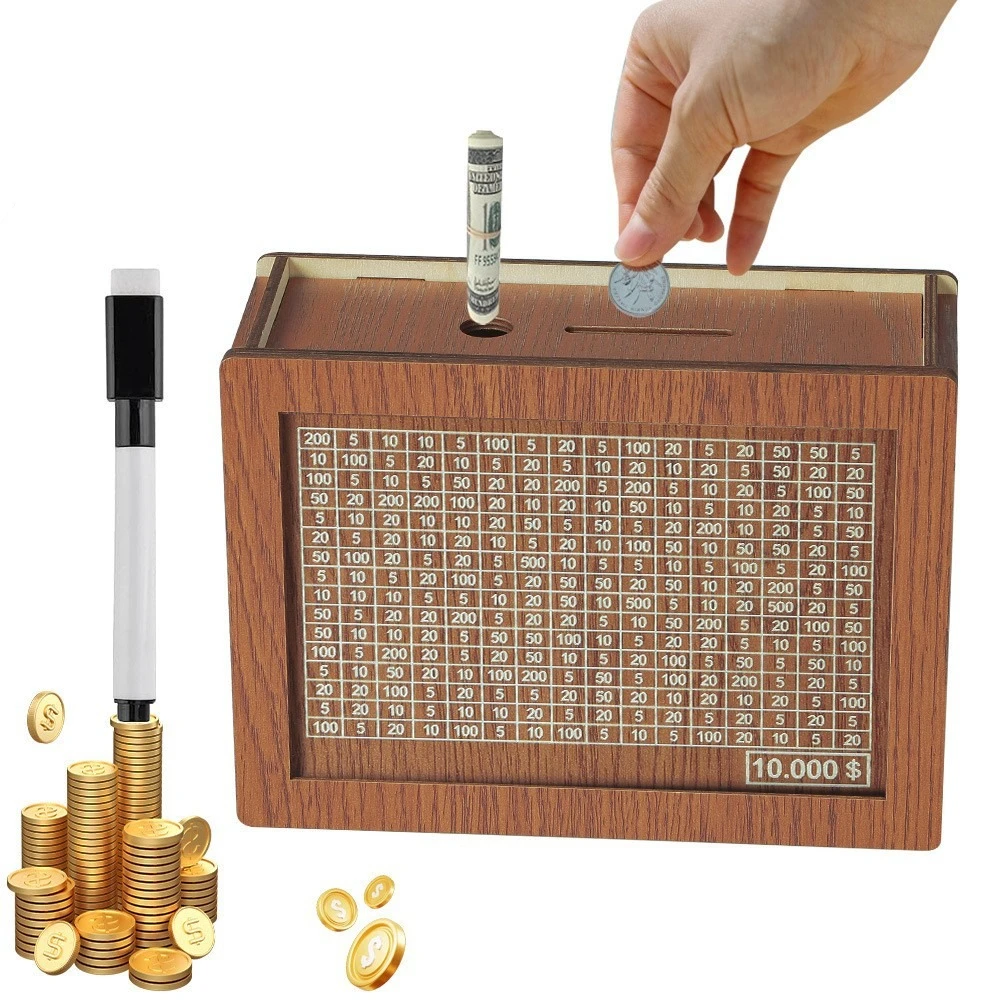Home Use Wooden Money Box Reusable Handmade Piggy Bank Crafts with Saving Money Goals Counter Coin Tray Storage Case Children