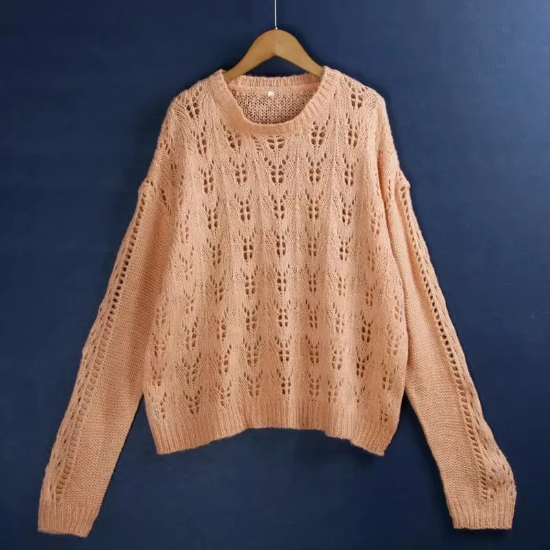 

Pink Large Size Knitted Sweater Hollow out round Ne Patterned Long Sve Autumn Faion Women's Knitwear Dr Haunt