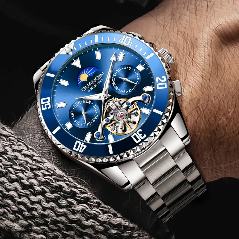 GUANQIN Luxury Man Mechanical Watches Self-Winding Stainless Steel Material Multi-Function Dial Leisure Wristwatch Gifts for Men