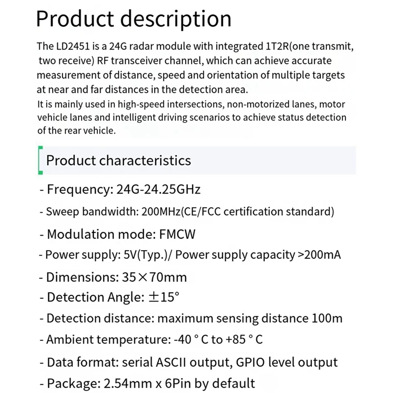 LD2451 24G Vehicle Ranging Speed Measurement Millimeter Wave Radar Vehicle Condition Monitoring Sensor Module