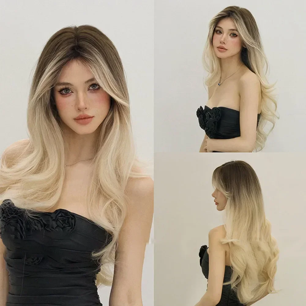 

Synthetic Wigs Gradient Golden Long Wave Curly Bangs Wig Natural Women Fluffy Full Head Cover