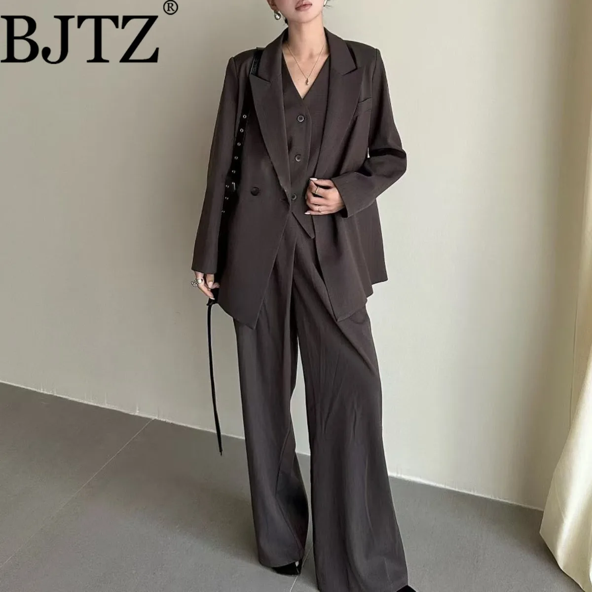 

BJTZ Fashion Office Lady Blazer Vest Wide Leg Pant Three Piece Sets For Woman 2025 Spring Autumn New Solid Color Business Suit