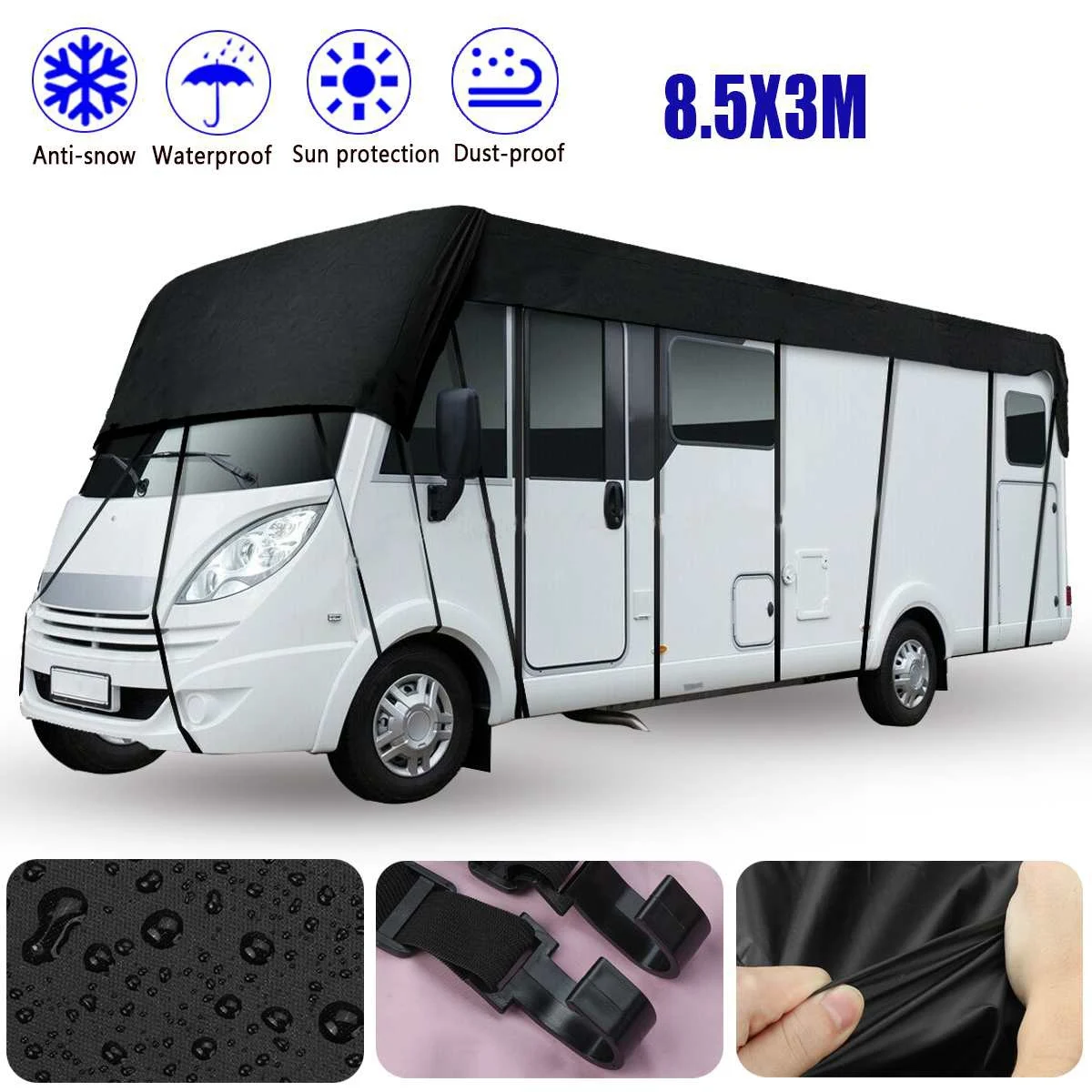 Caravan RV Roof Protective Cover Protection Tarpaulin 210D Waterproof with 26Pcs Windbreak Belts for RV Caravan 8.5X3Meters