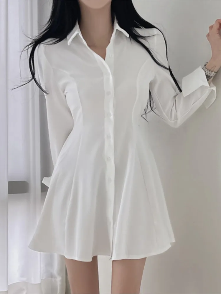 Spring Mini Shirts Dress Women Slim Fashion Long Sleeve Korean Style Ladies Dresses Ruffle Pleated Casual Woman Shirts Dress