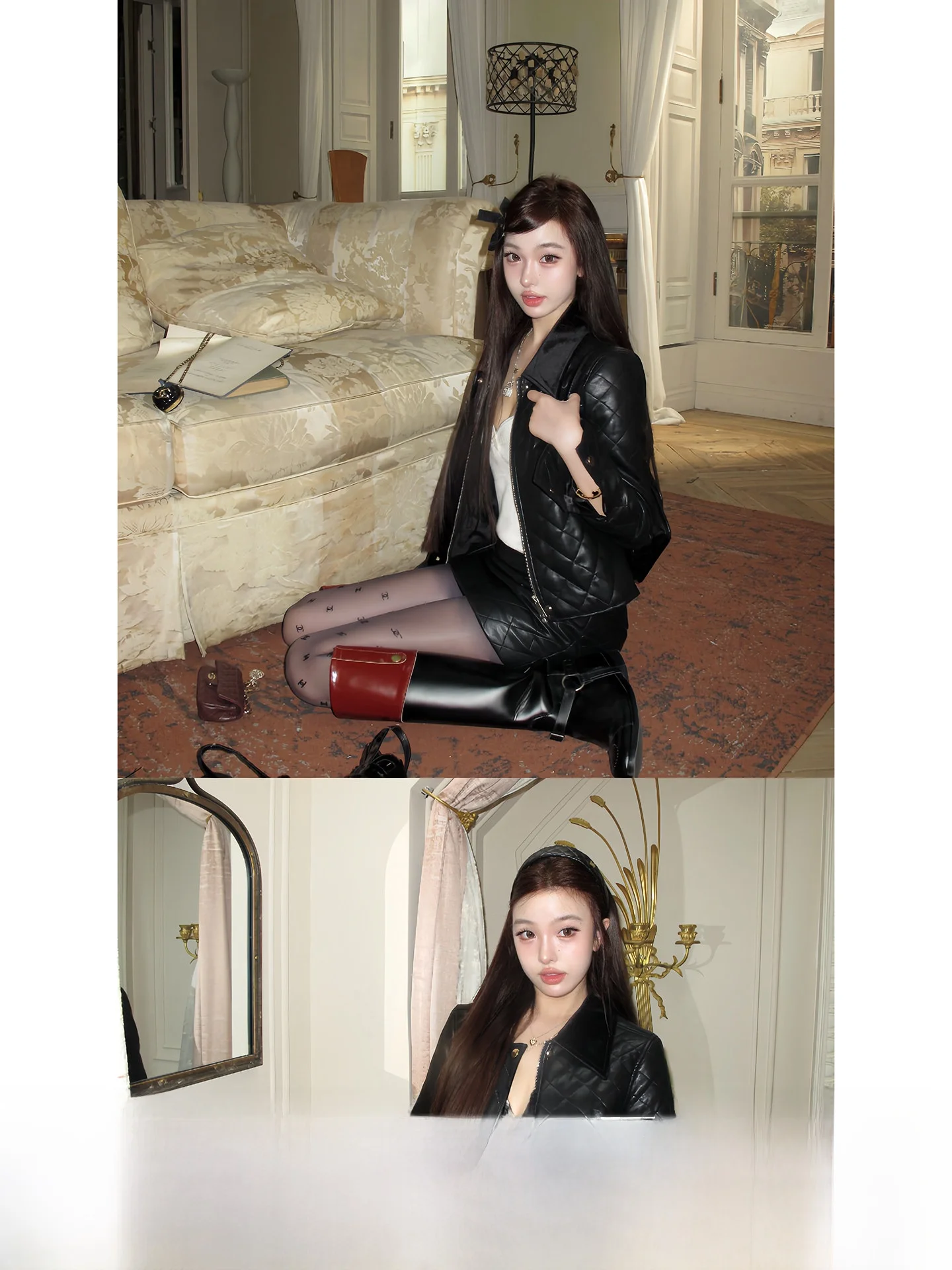 

OYFF Studio Thiened PU Leather Velvet Patchwork ort Coat Women's Ele Sle Zipper Straight Tube ort Skirt Outfit