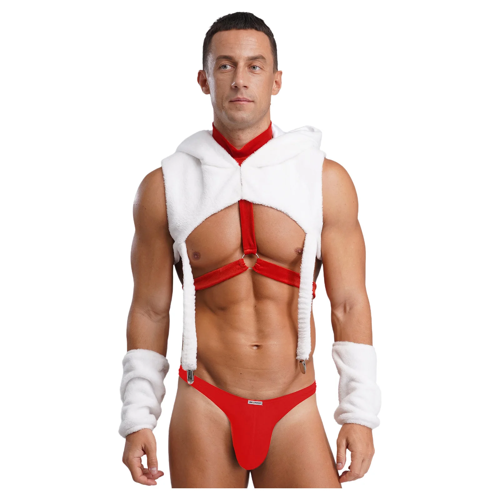 男性クリスマスサンタクロース面白いランジェリーコスチュームフード付きクロップトップスサスペンダークリップ付きボディチェストハーネススリーブ男性ナイトウェア