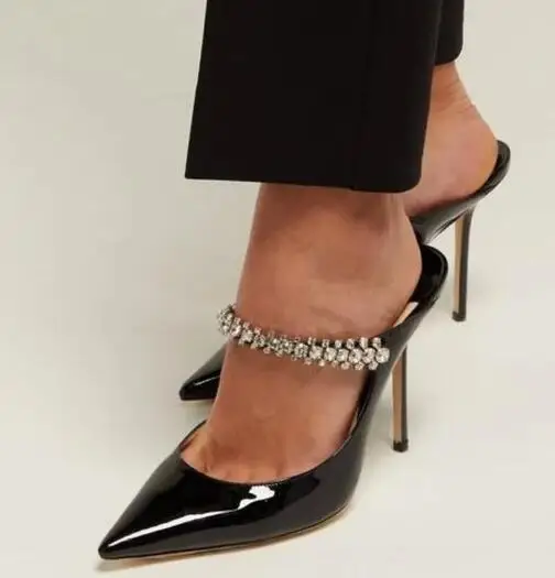 

Moraima Snc Black Patent Leather High Heel Shoes Sexy Crystal Embellisehd Thin Heels Pumps Women Mules