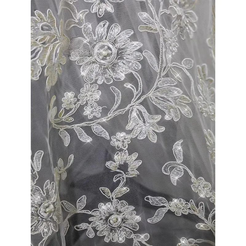 140cm Wide, New Three-dimensional Pearl Gold Thread Embroidery Lace Plant Flower DIY Wedding Dress Decoration Accessories