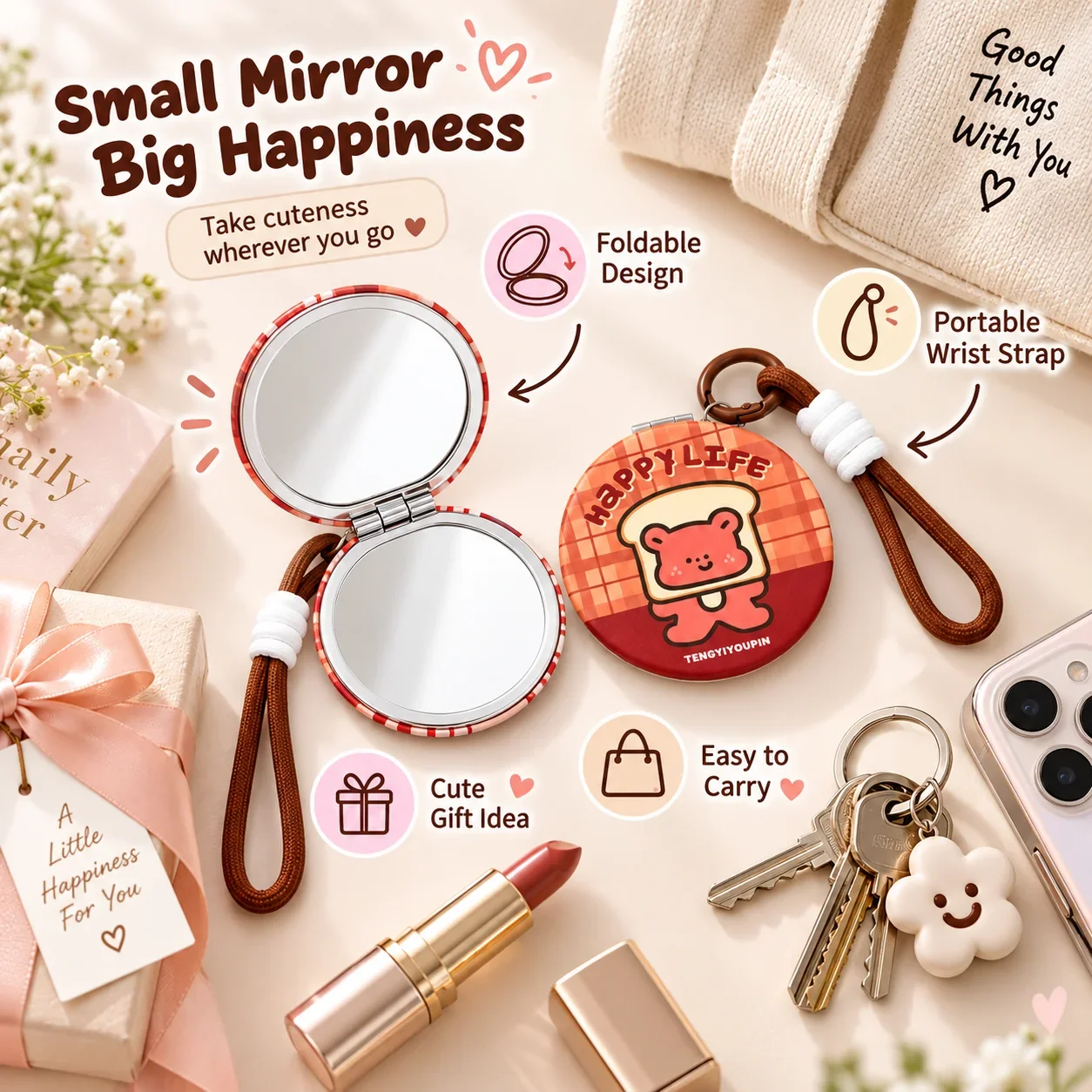 Cartoon Illustration Folding Mirror, Cute Portable Makeup Mirror, HD Compact Mirror for Girls and Women