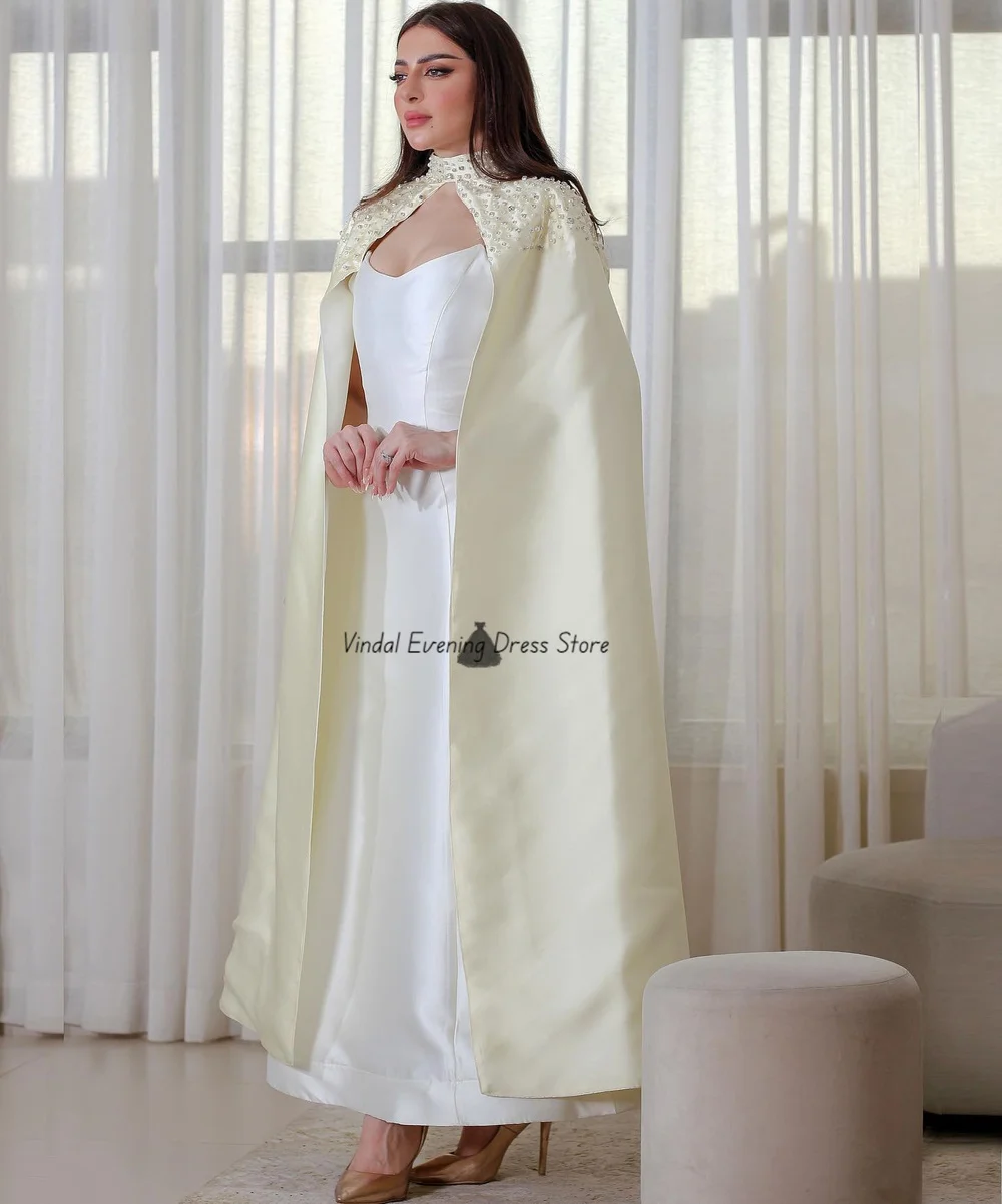 Vindal Zeemeermin Lange Cape Mouwloos Enkellange Parels sjaal Elegante Feest Bruiloft Avondjurk Luxe Satijnen Baljurk 2025