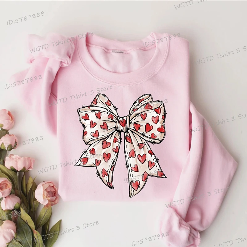 Coquette Valentine's Day Heart Bow Sweatshirt Women Retro Valentine Pullover Bow Valentine Day Gifts Fashion Women's Sweater