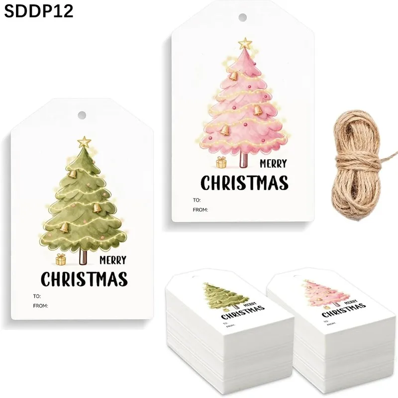 60pcs/Pink and green Christmas tree with string, hanging tags, Christmas candy bags, gift boxes, and gift wrapping tags