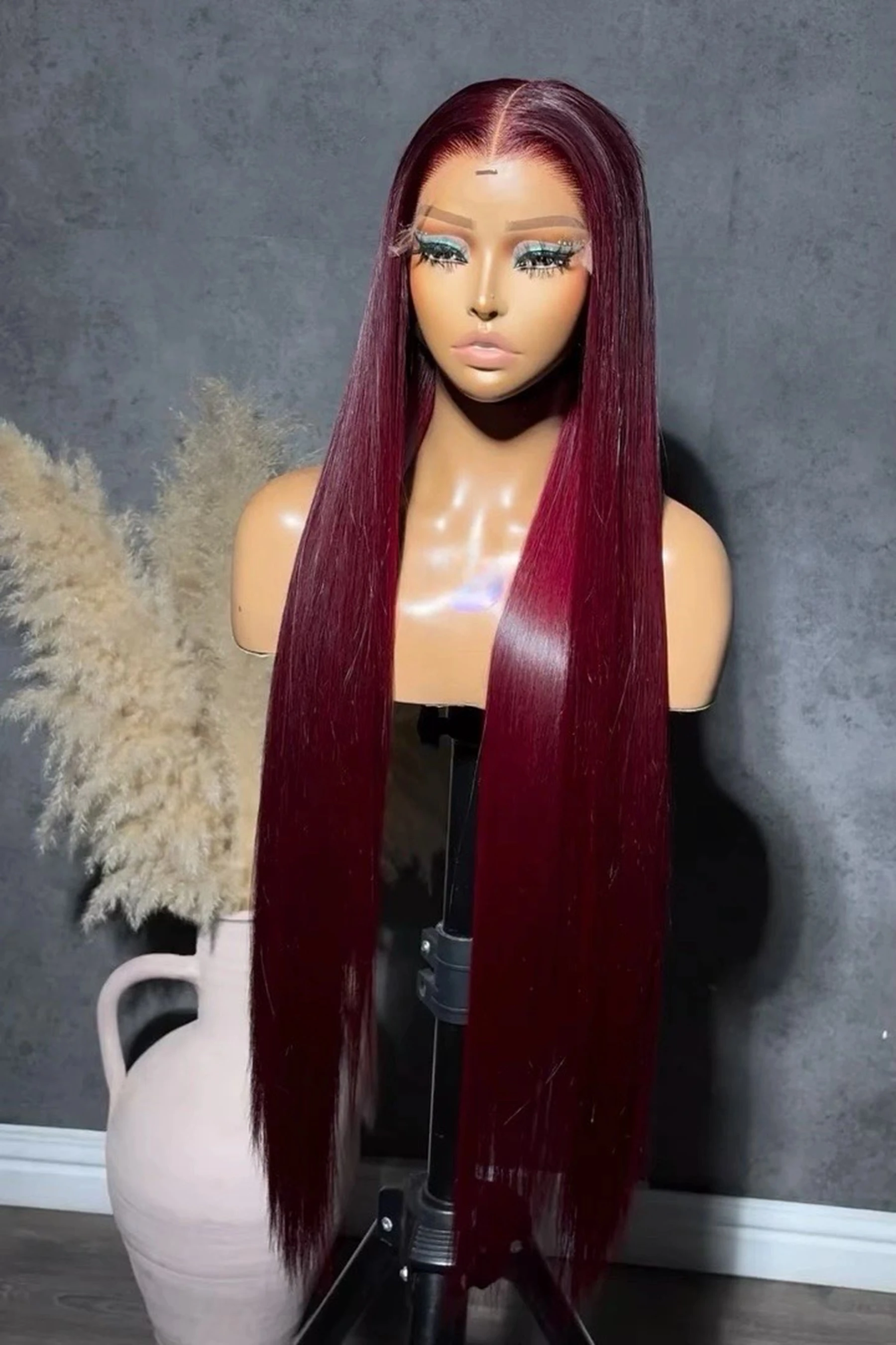 Peluca sintética larga frontal de encaje completo HD 13X4X1 para mujer, color rojo burdeos 99J, pre-arrancada con cabello de bebé, para uso diario y fiestas.