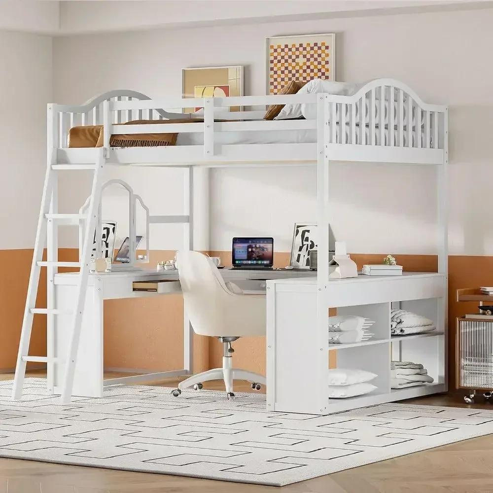 White Full Size Loft Bed with Storage, Desk, and Tri-fold Mirror, Wooden, Safety Rails, Angled Ladder, No Box Spring Needed