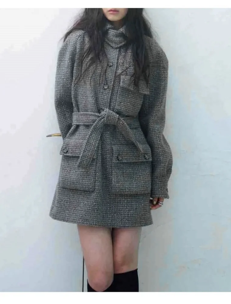 2024 Autumn Winter Fashion Women\'s High Quality Pockets Belt Gray Tweed Coat B934