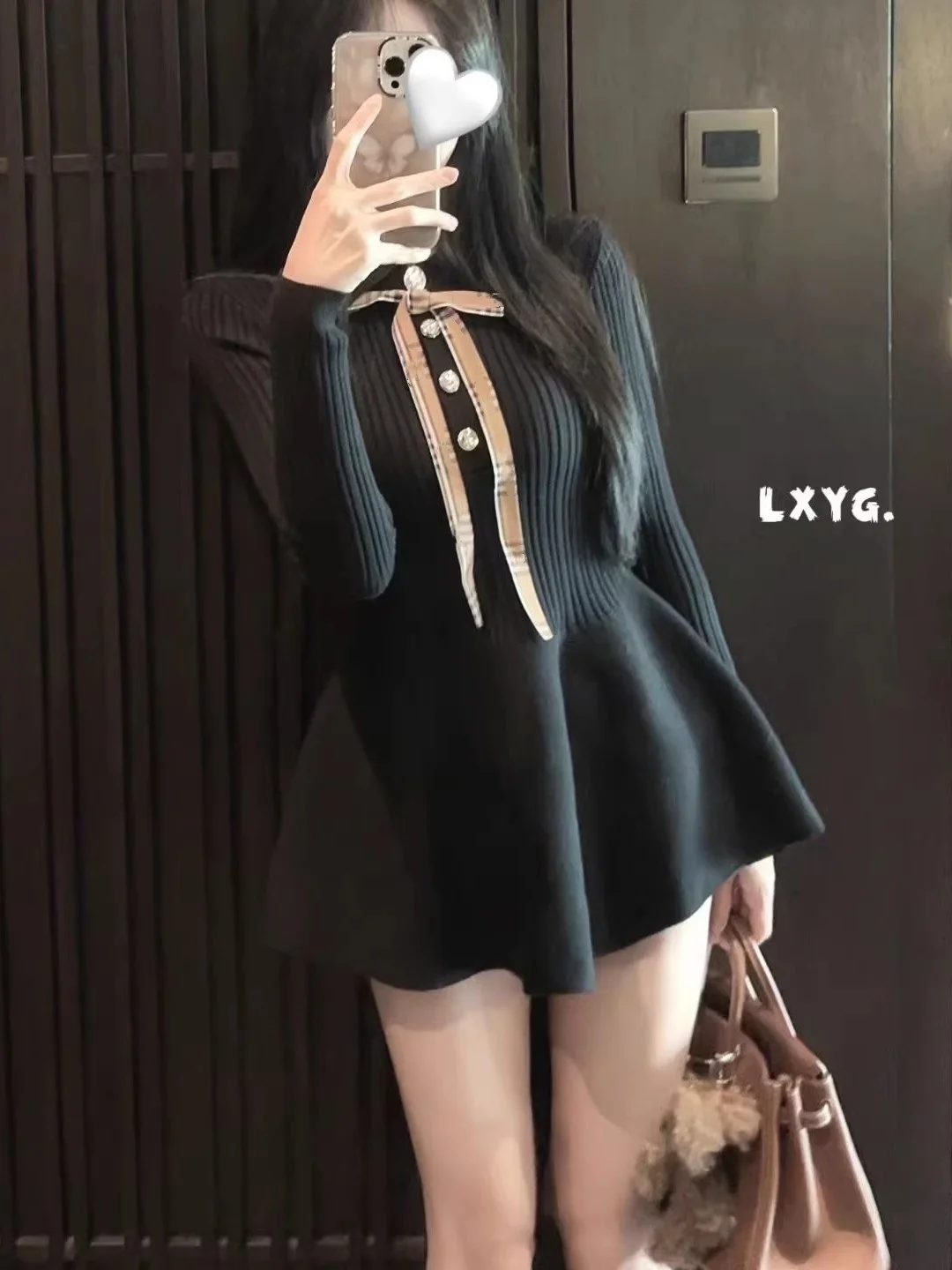 

Spring 2026 Early Knot Neck Knitted Slim Fit Dress High Waist Soft Elastic Long Sleeve A-Line Skirt Style