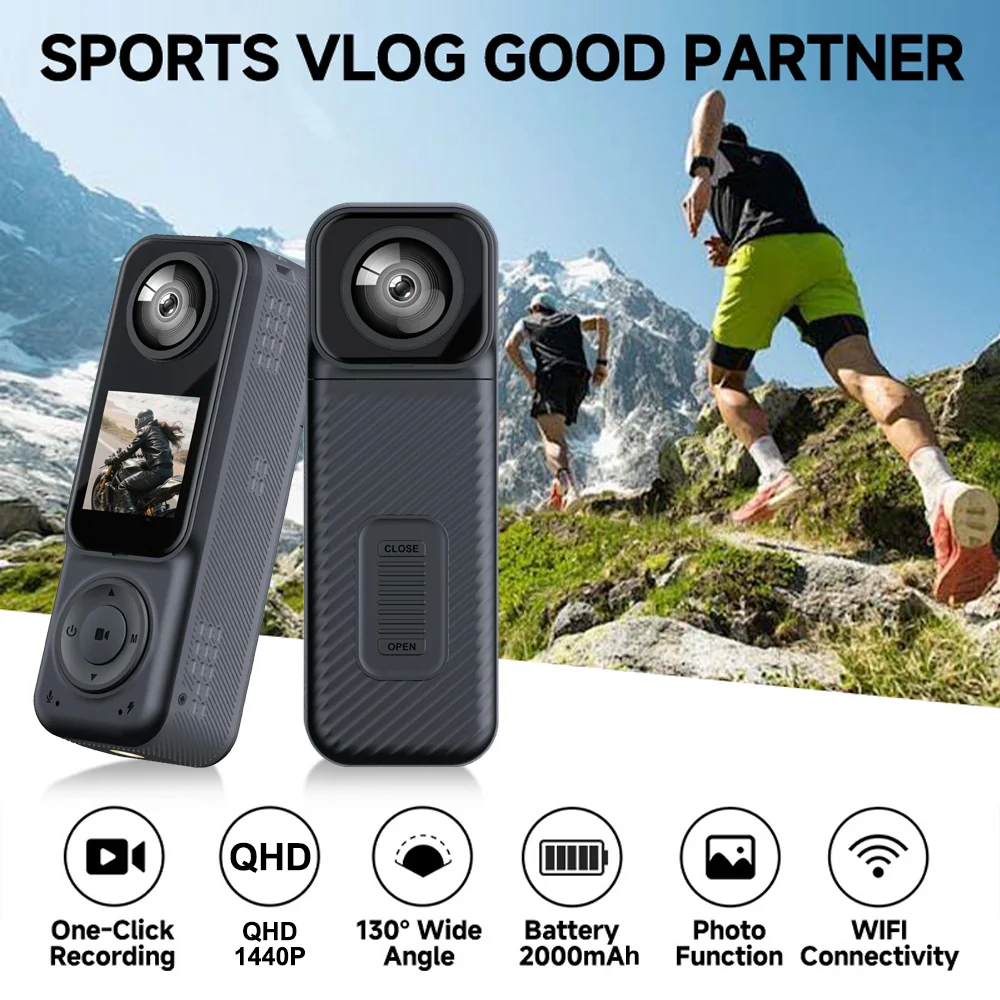 1440P Action Camera,Wearable Body Camera,2000mAh Rechargeable Battery, Perfect For Video,Vlogging,Life Documentation And Travel