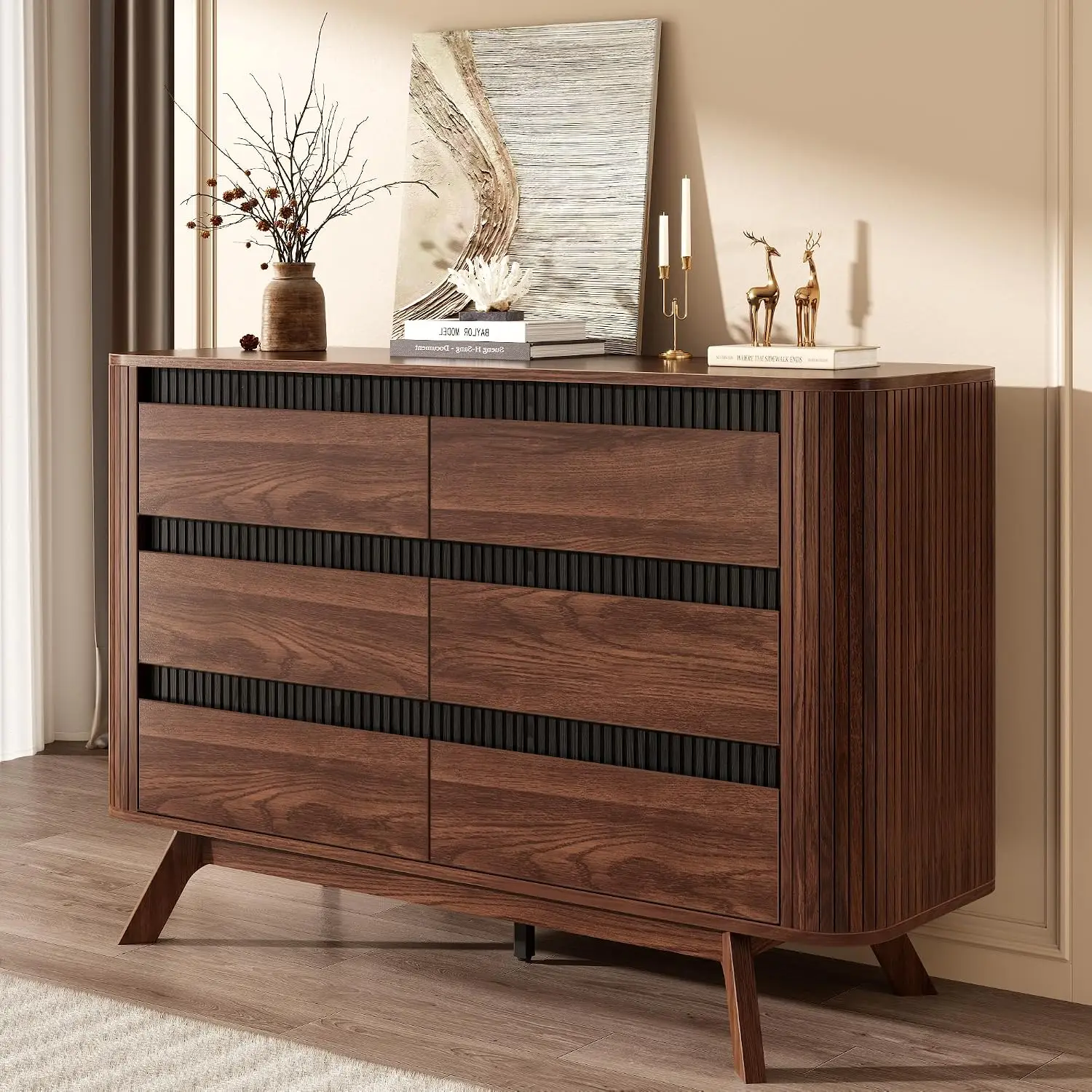 Fluted 6 Drawer Dresser for Bedroom, 47W x 31H, Modern Walnut Brown, Customized
