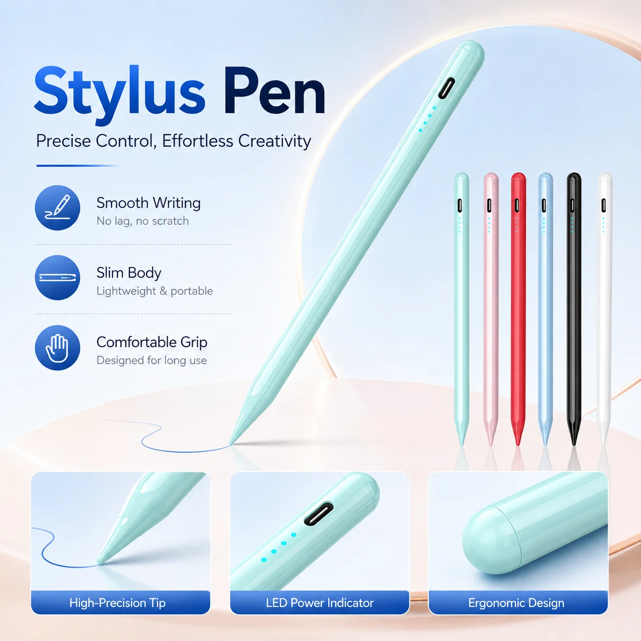 4-Light Tablet Stylus Pen for Android & iOS, Universal Touch Screen Pencil, Palm-Friendly Note Taking