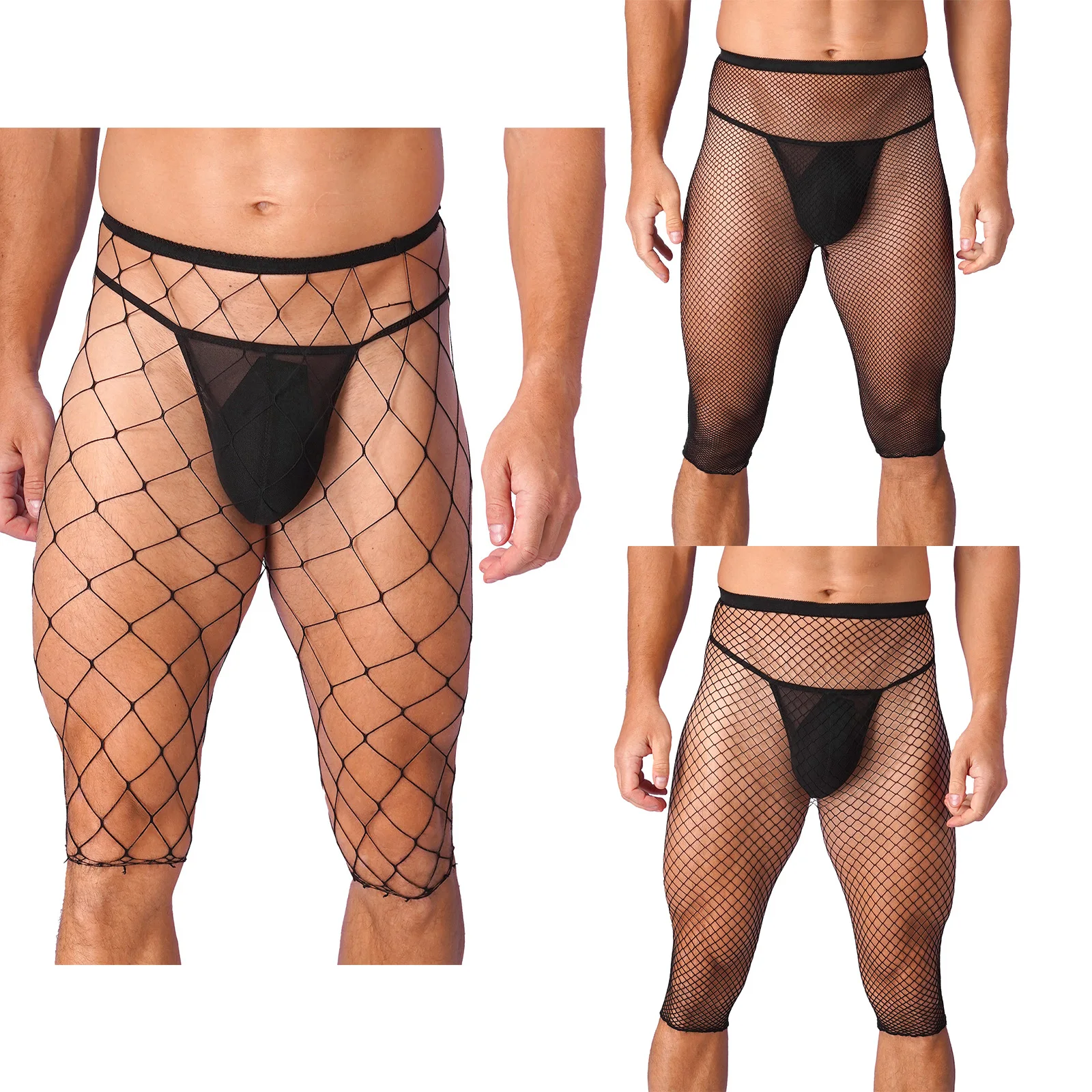 Sexy Mens Fishnet Mesh See Through High Waist Shorts High Stretch Half Pants Gay Male Sissy Underwear Rave Party Clubwear