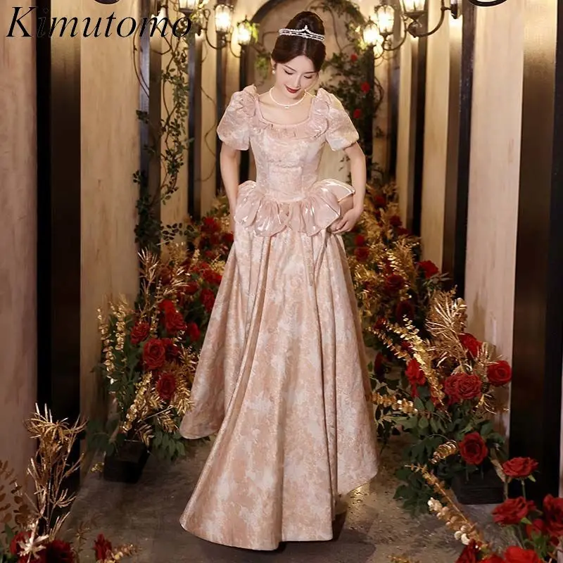 

Kimutomo Ruffles Pink Floral Prom Dresses High Waist Puff Short Sleeves Maxi Dress French Vestidos Para Casamento Convidados