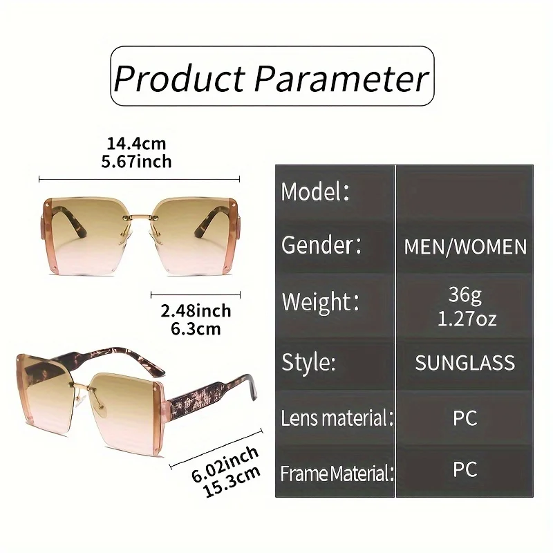 Oversized randloos voor dames heren casual gradiëntmode Anti-glare tinten voor vakantie strandfeest