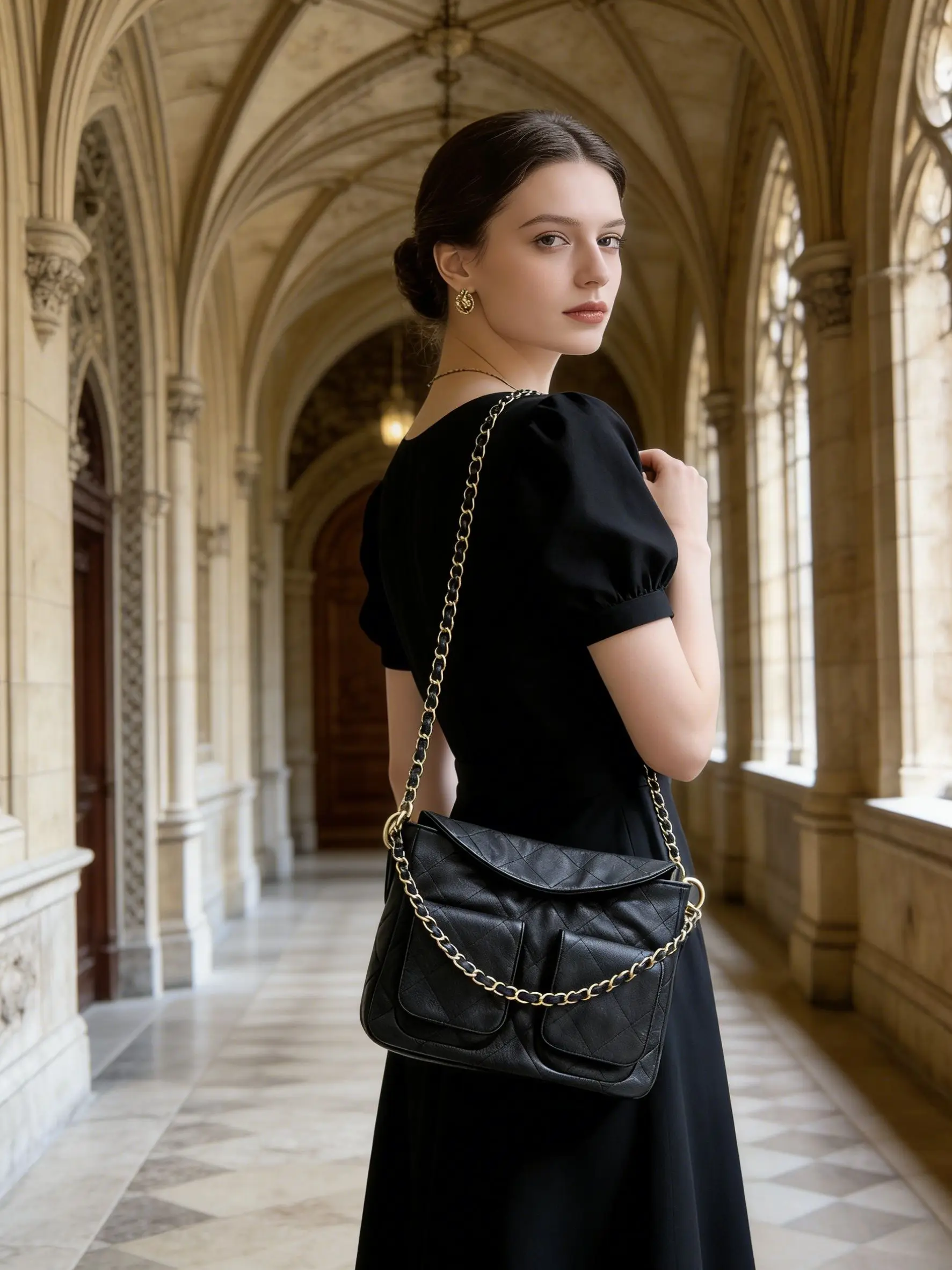 

Вместительная кожаная сумка через плечо с цепочкой, ромбовидным узором, двумя карманами, в ретро-стиле.