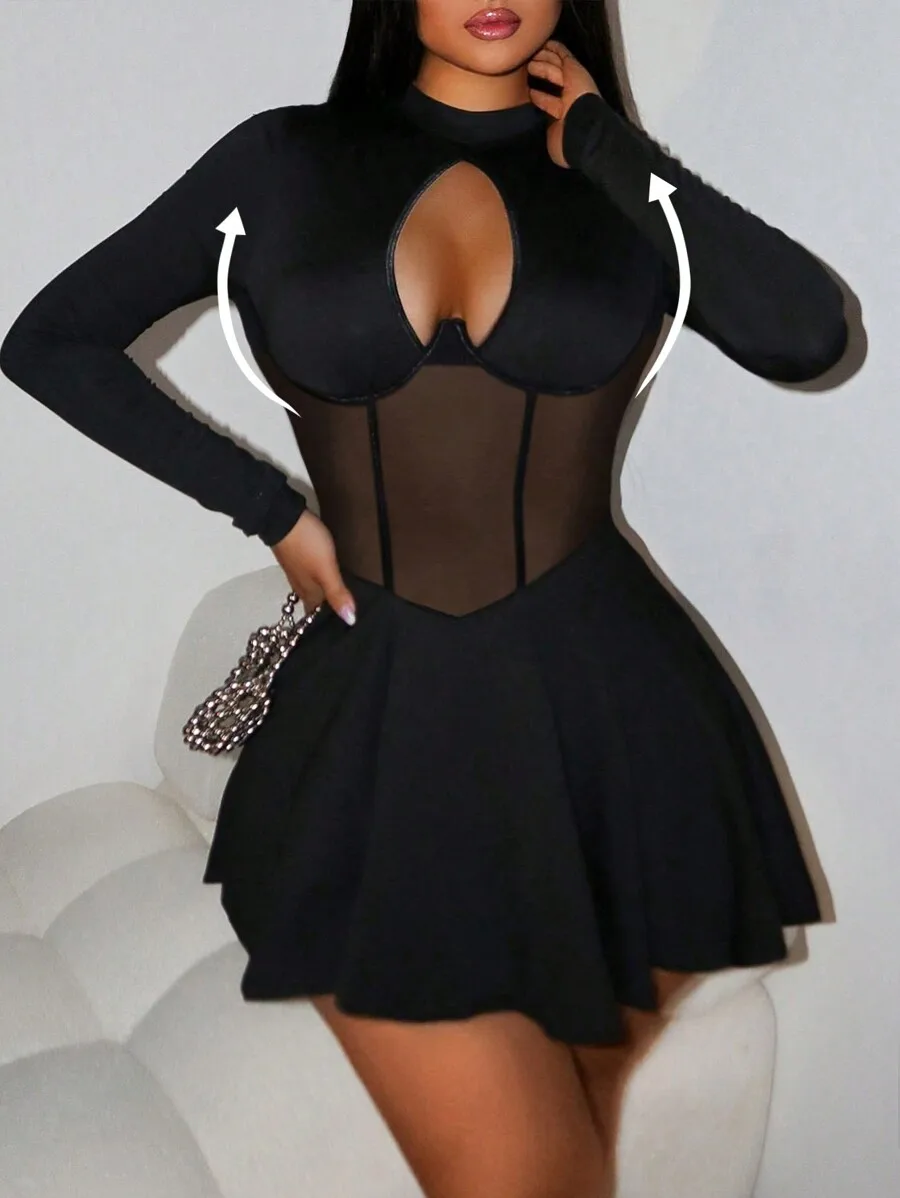 Women Black Long Sleeve Sheer Mesh Cut Out Mini Dress For Party Night Out view 5