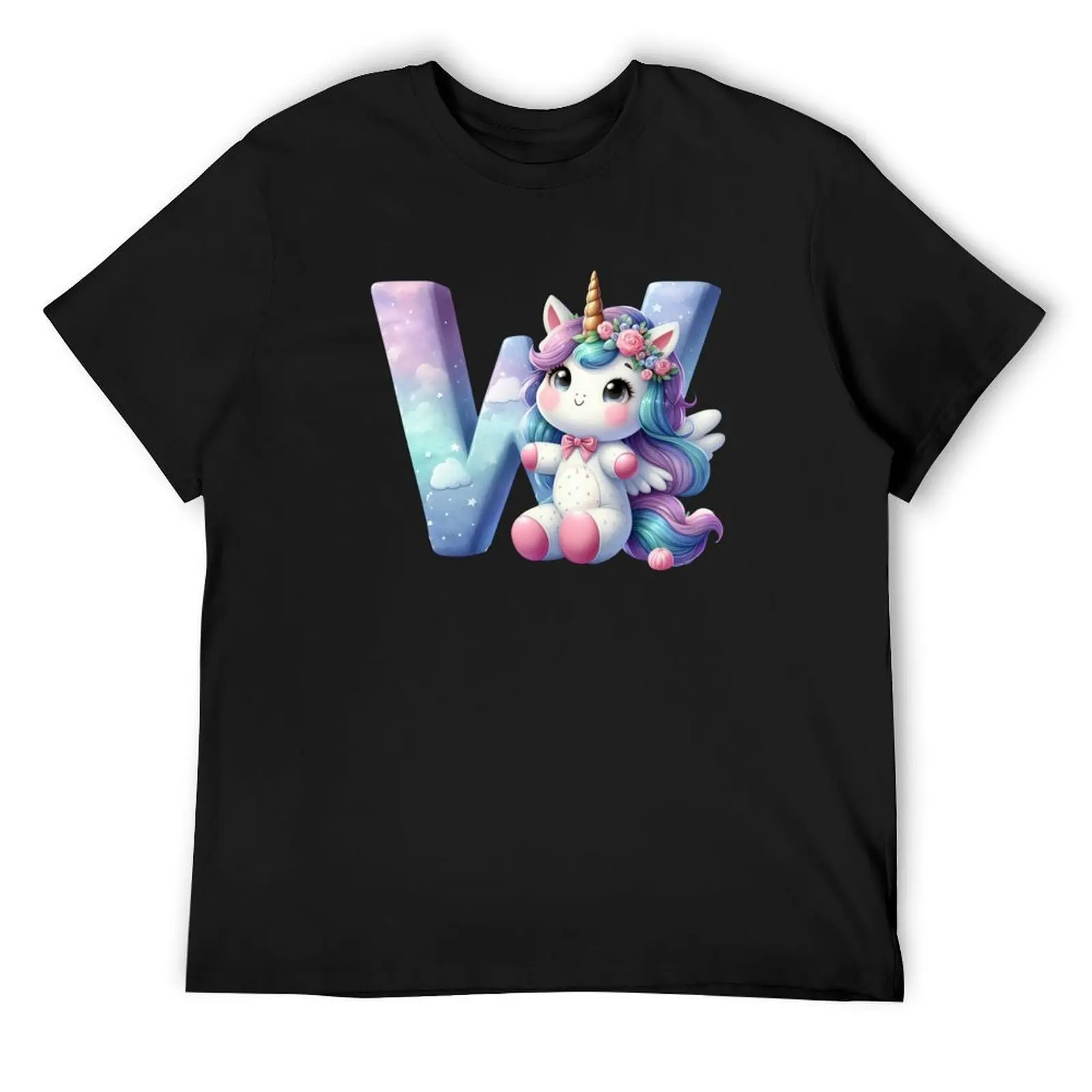 Unicorn kawaii alphabet monogram letter W T-Shirt summer top oversized t shirt man t shirt sweat shirts, men