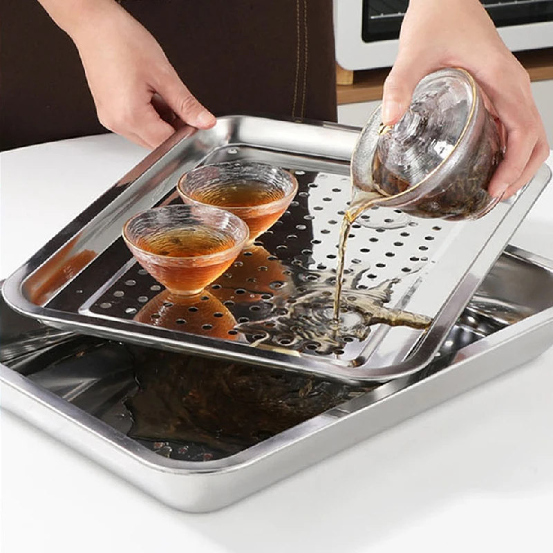 Rectangle Stainless Steel Tea Cup Tray Japanese Style Meal Hollow Water Drain Board Dishes Oil Filter Plate Kitchen Storage Pan