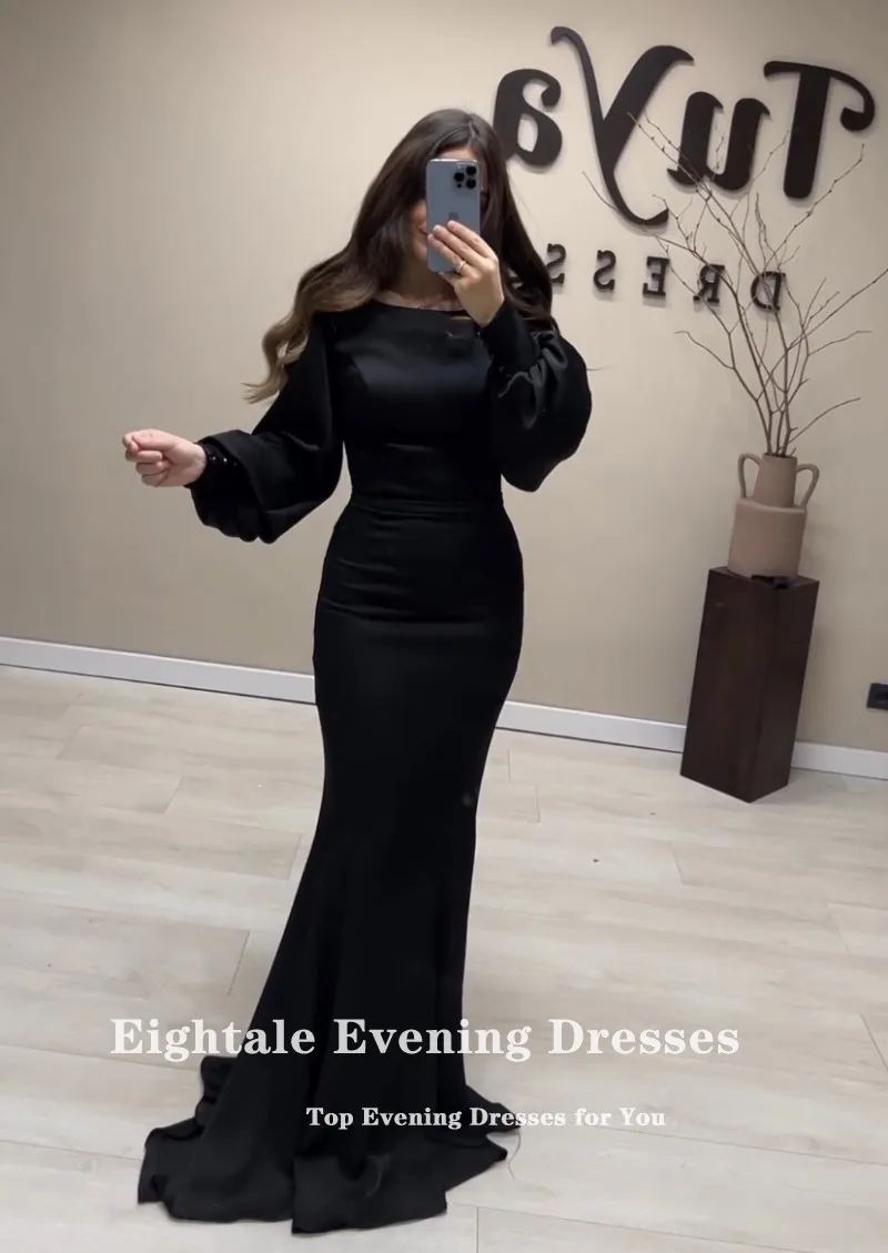 Eightale Formal Women\'s Evening Dresses Arabic O-Neck Black Long Sleeves Customized Satin Mermaid Party Prom Gown robe de soirée