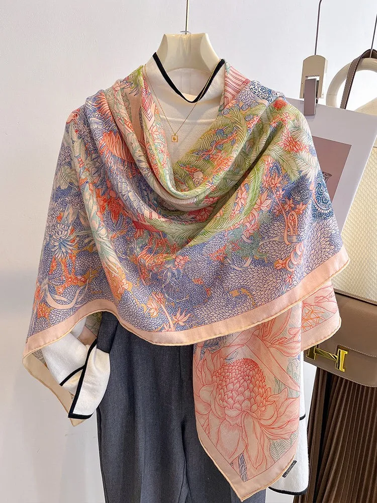 Silk and wool scarf summer double-sided differently colored large square air-conditioned room shawl for outerwear