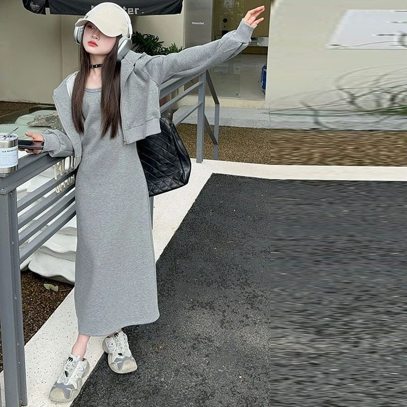 

2025 Spring/Autumn Girls' Sporty Two-Piece Set - Short Hoodie Jacket & Long Spaghetti Strap Dress, Versatile for 4-12 Years Old