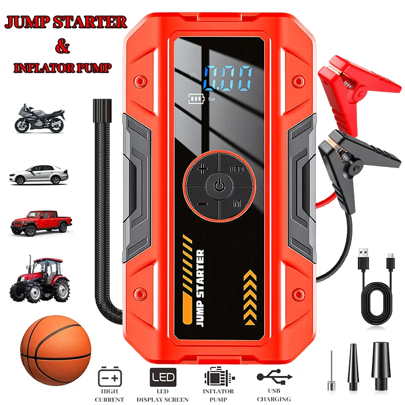 

Car emergency start power supply with air pump LED light USB ports all-in-one machine 12v car emergency power ignition artifact