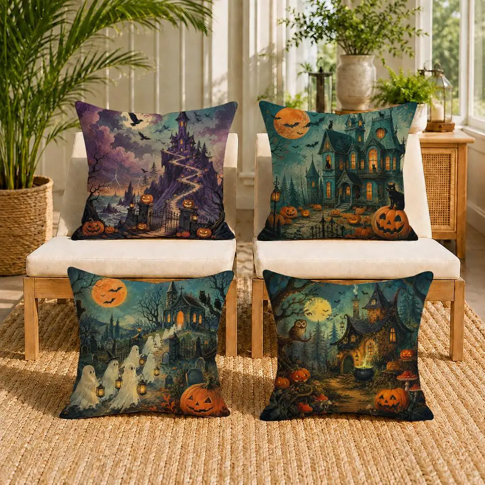 Spooky Halloween Haunted House Ghost Cushion Cover Double-Sided Plush Sofa Cushion Covers Organic Breathable Invisible Zipper
