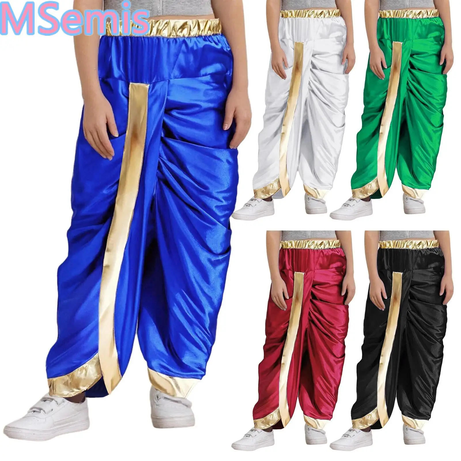 

Kids Boys Indian Traditional Trousers Festival Party Costume Metallic Trim Elastic Waistband Satin Dhoti Pants