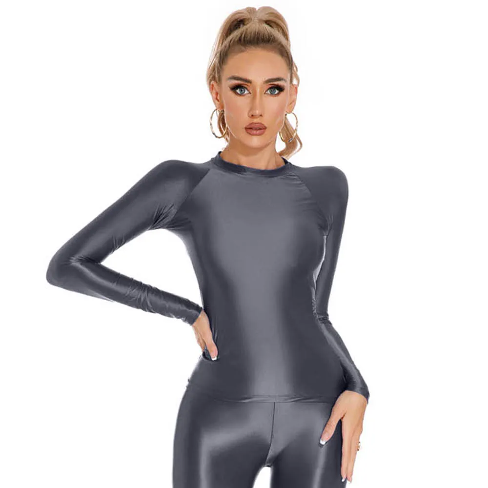 Glänzendes Elastisches Langarm-Shirt für Damen Fitness Gym Athletik Yoga T-Shirt Eng Anliegendes Sexy Oberteil Lässiges Crop Top Bustier-Top – Detail 6