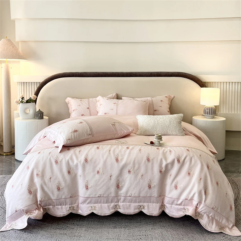 600TC Egyptian Cotton Rose Flowers Embroidery Princess Wedding Bedding Set Duvet Cover Flat/Fitted Bed Sheet Pillowcases 4Pcs