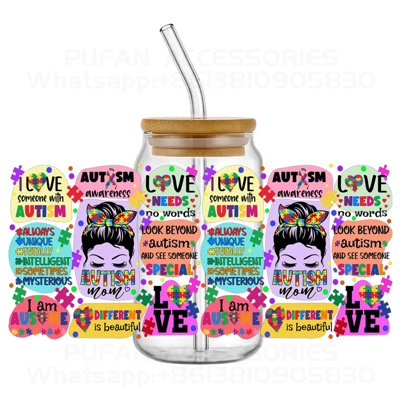 Autism Awareness DIY Logo Selfadhesive Waterproof 16oz DTF Sticker Cups Cool Personalize UV Wrap Transfer Sticker