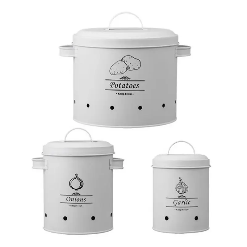 

A74E-3Pcs Metal Storage Bucket Set With 360-Degree Ventilation System Large Capacity Multipurpose Garlic Potato Storage Box