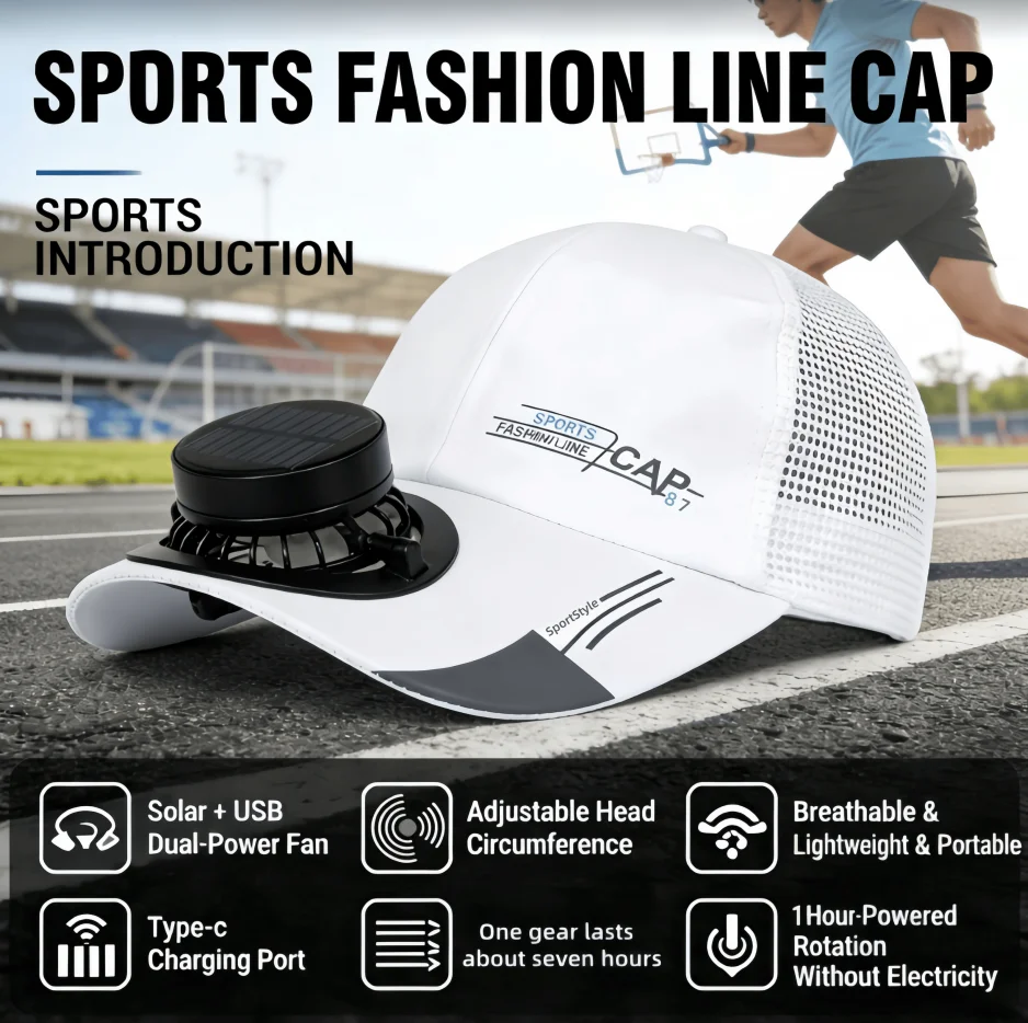 Ultra Breathable Mesh Trucker Fan Cap Solar USB Dual Power Type-C Charging 3 Speed Wind Long Battery Cooling Hat for Hiking