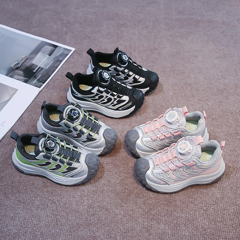 Kids Sneakers Mesh Breathable Children Running Shoes Toes Capped 2026 New Fashion Boys Girls Casual Sports Shoes Rotating Button
