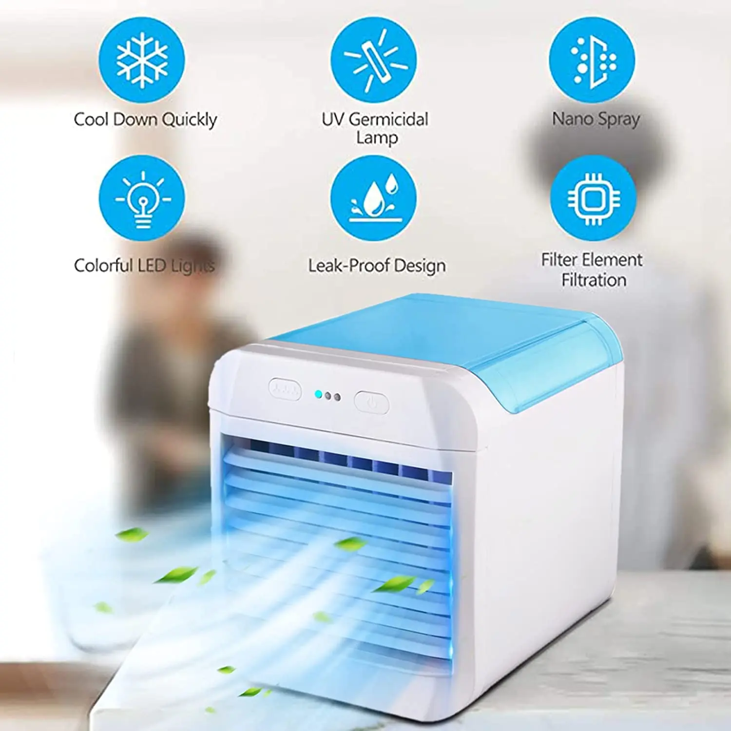 Mini Air Cooler Fan Portable Air Conditioner Quiet USB Air Cooler Personal Air Conditioner with 7 Color LED Light - Blue