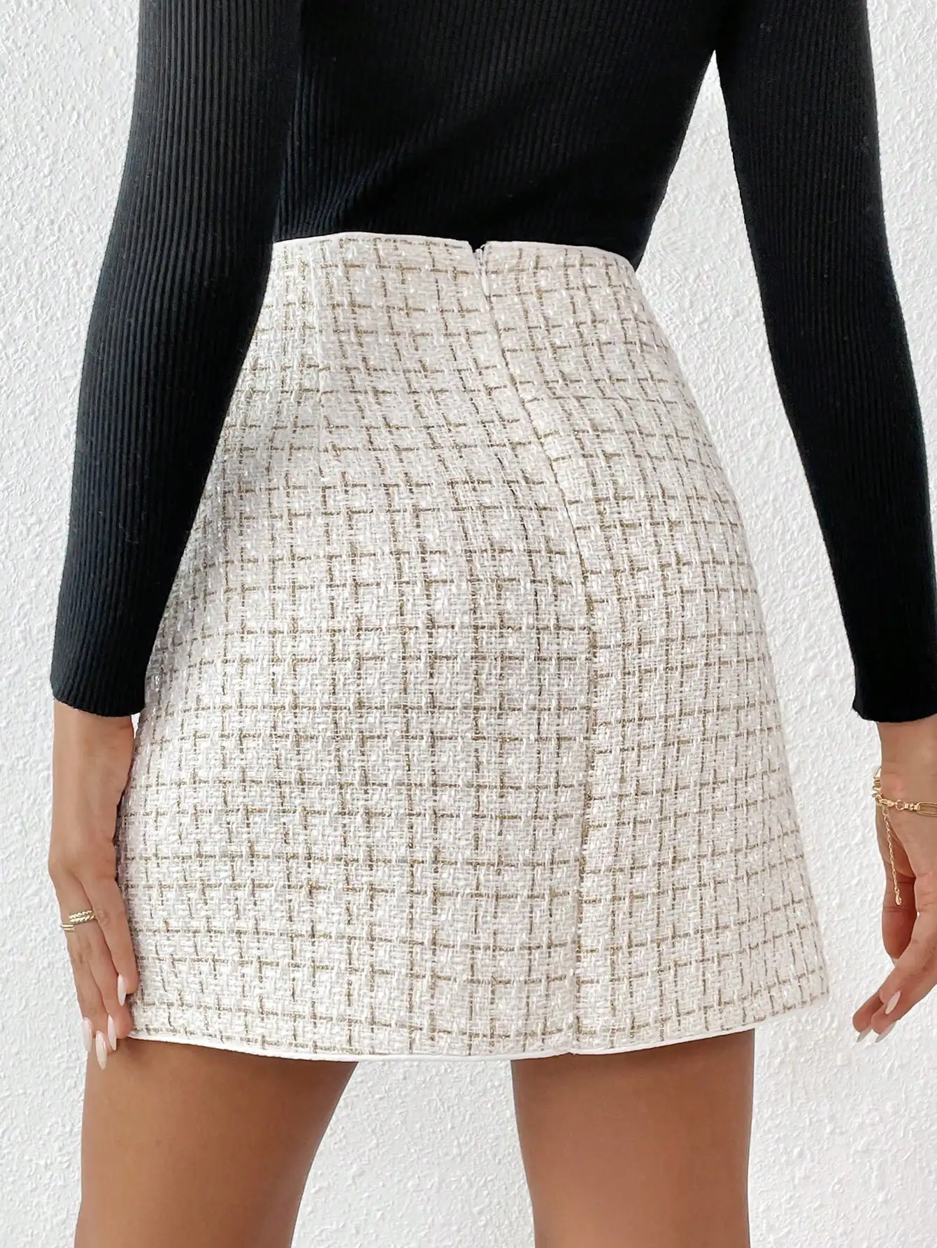 Elegant Tweed Mini Skirt with Decorative Buttons, High-Waisted A-Line Design
